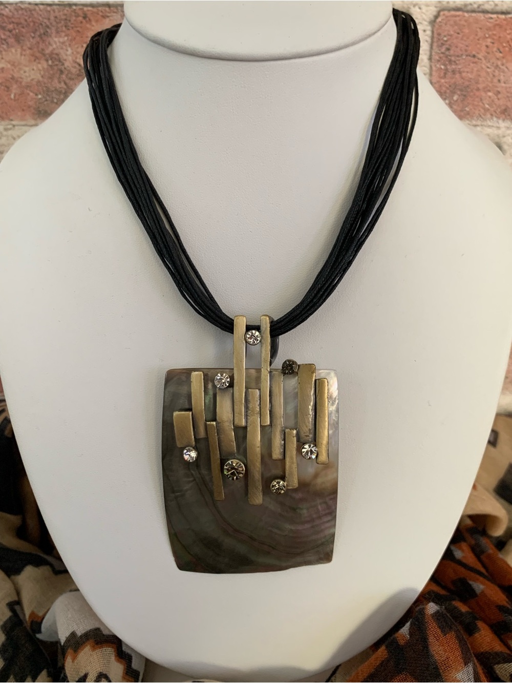 Modern Brutalist Brass and Mother-of-Pearl Pendant Necklace